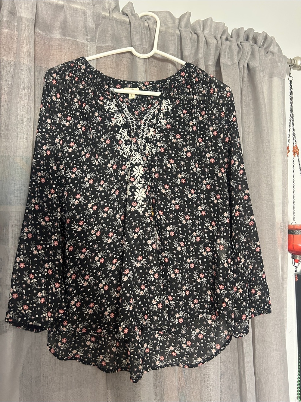 Women's Black Floral V-Neck Tunic with Pink Accents